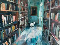 Weiße Katze in der Bibliothek - wandernd