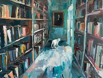 Witte kat in bibliotheek - zwervend van herculeng