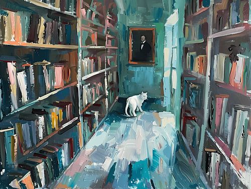 White cat in the library - wandering