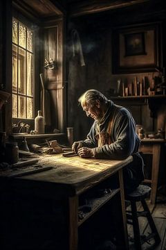 houtbwerker zittend aan zijn werktafel aan het werk.