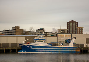 Fischereifahrzeuge im Hafen von IJmuiden in der Abenddämmerung
