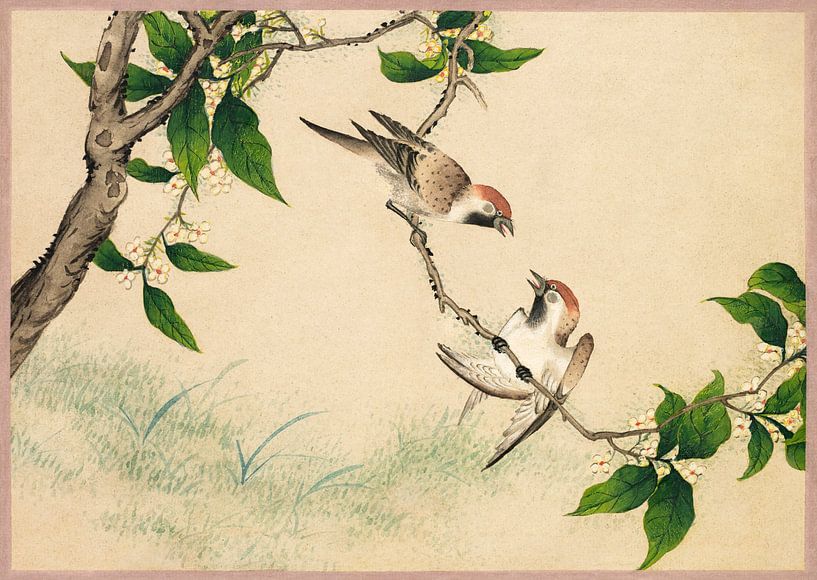 Klatschende Spatzen (18. Jahrhundert), Gemälde von Zhang Ruoai. von Studio POPPY