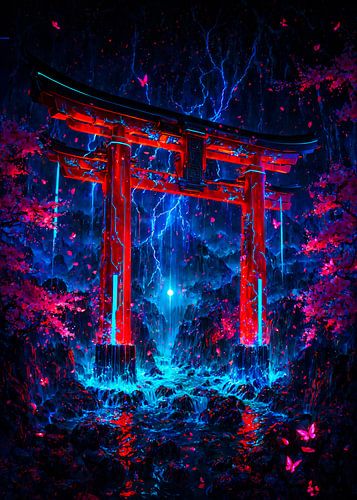 Anime Torii Gate Cyberpunk Japan