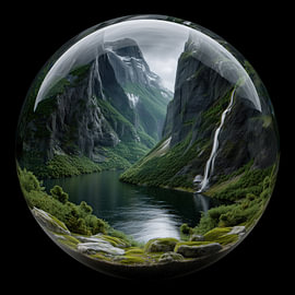 Fjord mit Bergen und Wasserfall in einer Glaskugel von TheXclusive Art