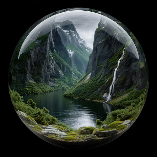 Fjord mit Bergen und Wasserfall in einer Glaskugel