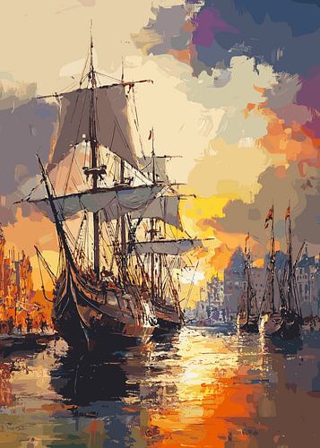 Historische zeilschepen in de haven bij zonsondergang