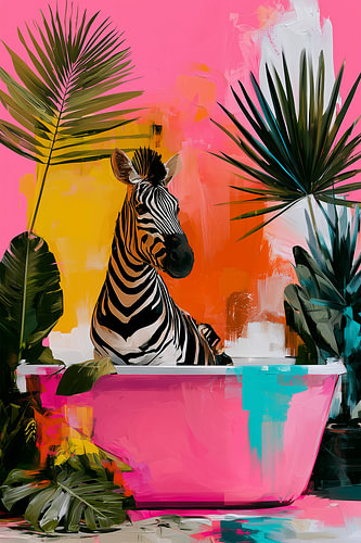Zebra in Bathtub, Tropical Bathroom Pink