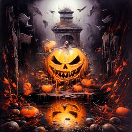 HALLOWEEN ART Evil Pumpkin & Bats