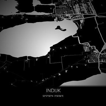 Zwart-witte landkaart van Indijk, Fryslan. van Rezona