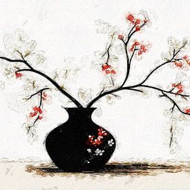 A still life black vase with red blossom branches japandi . by J.a Dijkstra