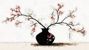 Ein Stillleben schwarze Vase mit roten Blütenzweigen japandi .