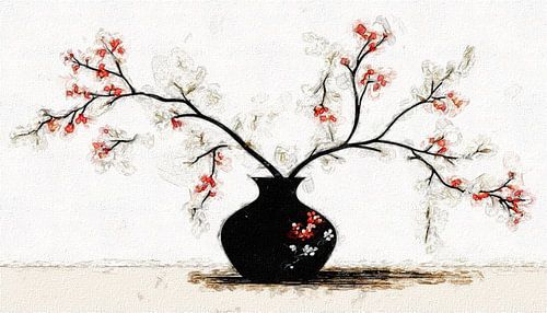 Een stilleven zwarte vaas met rode bloesem takken japandi .