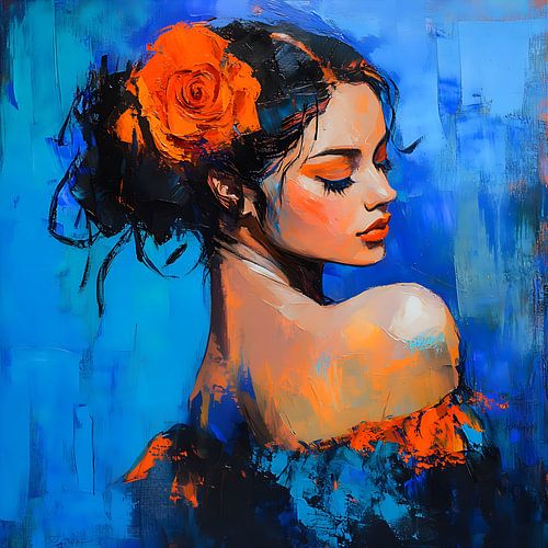 Sensuele vrouw met roos in het haar in aqua blauw en oranje