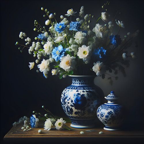 Still life; Delft blue vase with white and blue flowers