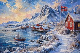 Lofoten islands in Norway, an impressionist painting. by Gallery Hoppenbrouwers