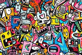 Bunte abstrakte Illustration mit verspielten Figuren von Art & Soul Creations