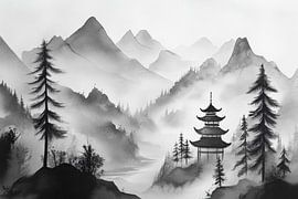 Paysage asiatique en noir et blanc sur Poster Art Shop