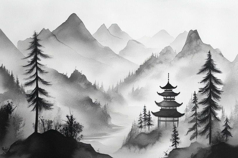 Asian landscape in black and white by Poster Art Shop