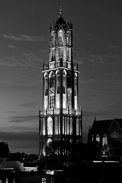 Illuminated Cathedral Tower during the start of the Tour de France 2015, BLACK-WHITE by Donker Utrecht