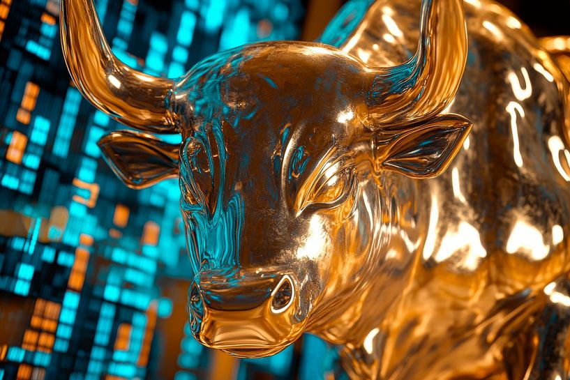Golden bull's head against a digital background by Poster Art Shop