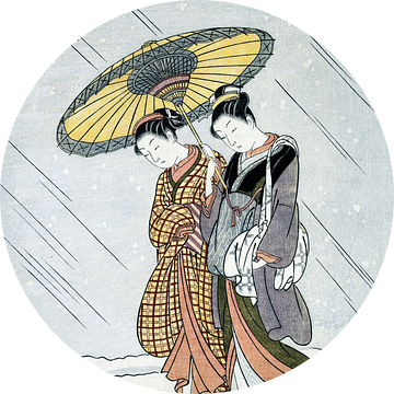 Schoonheden onder een paraplu - Japanse houtprint van Suzuki Harunobu van Roger VDB