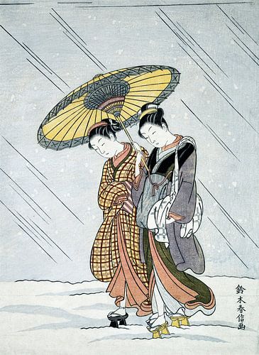 Beauties under an umbrella - Japanese wood print by Suzuki Harunobu by Roger VDB