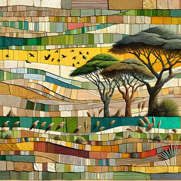 Collage acacias et oiseaux en saison des pluies sur Lois Diallo