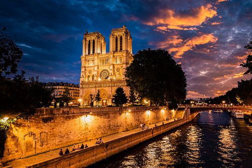 Notre Dame de Paris kathedraal aan de oevers van de Seine bij nacht in Parijs Frankrijk