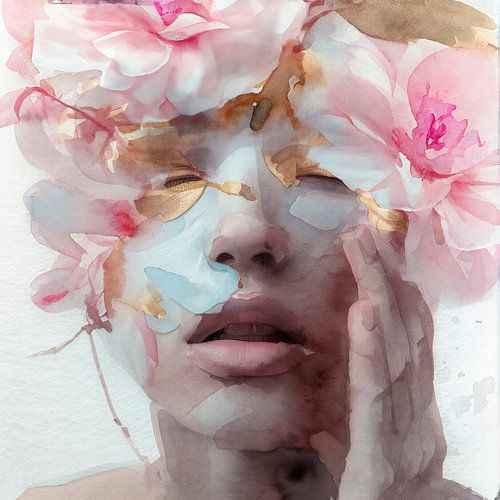 Portrait de femme en fleurs - aquarelle rose et or