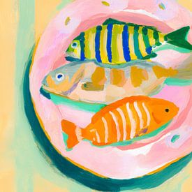 Playful fish on a pink plate by But First Framing
