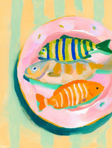 Des poissons ludiques sur une assiette rose