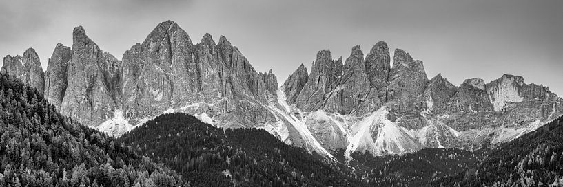 The Odle mountain range in Val di Funes in South Tyrol in Italy in black and white by Marga Vroom