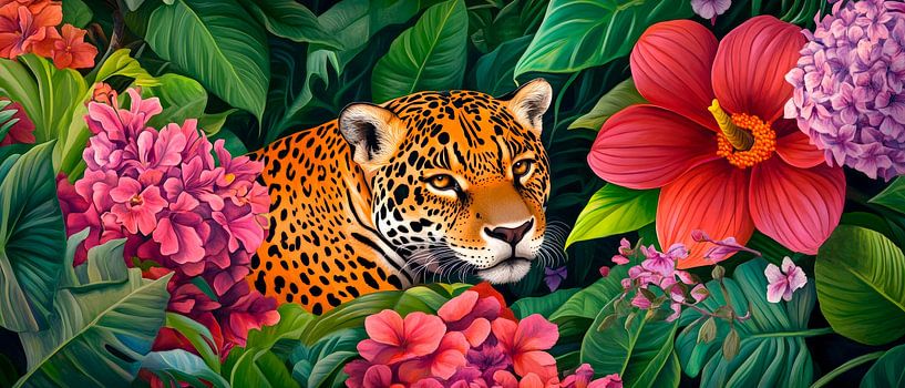 Jaguar im bunten Blumenmeer versteckt von Poster Art Shop