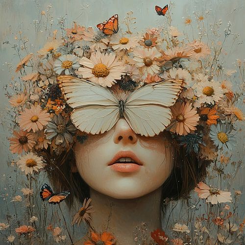 Portrait d'une femme avec des fleurs et un papillon
