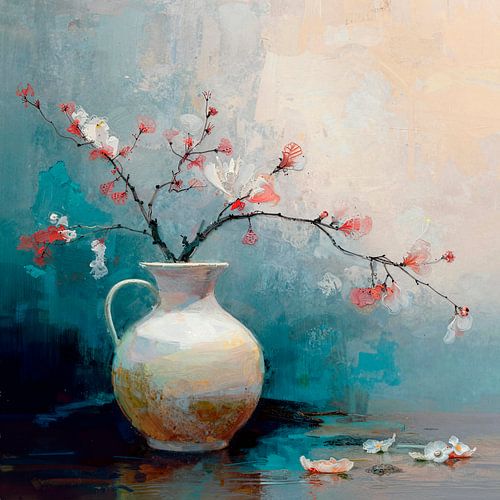 Serenes Stillleben mit Blütenzweigen in einer beigen Keramikvase