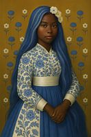 Classic Portrait of Girl with Blue Hair & Floral Dress