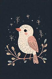 Watercolor Folk-Art Bird Wall Print - Magic Muted Dusty Pink Bird Perching on a Branch on Navy Blue by VICTOR S
