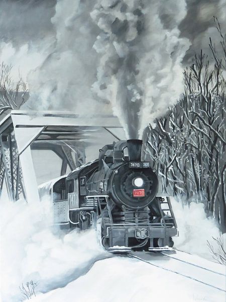 Peinture acrylique train à vapeur dans la neige sur une voie ferrée par Wouter Wissink
