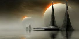 Türme im Dämmerlicht fremder Monde von Klaus Tesching - Art-AI