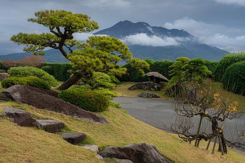 Ein wunderschöner japanischer Garten mit dem Vulkan Sakurajima im Hintergrund