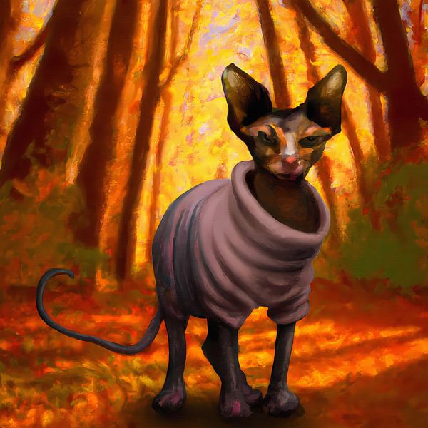 Sphynx cat with sweater in forest expressionist portrait by Maud De Vries