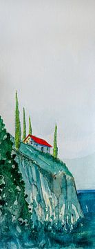 Italienisches Haus auf einem Felsen an der Küste | Aquarellmalerei | Hintergrundbildgröße von WatercolorWall