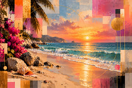 Plage de sable abstraite au coucher du soleil | Art marin contemporain dans des tons turquoise, rose & t or | Affiche au format paysage sur ButterflyPix
