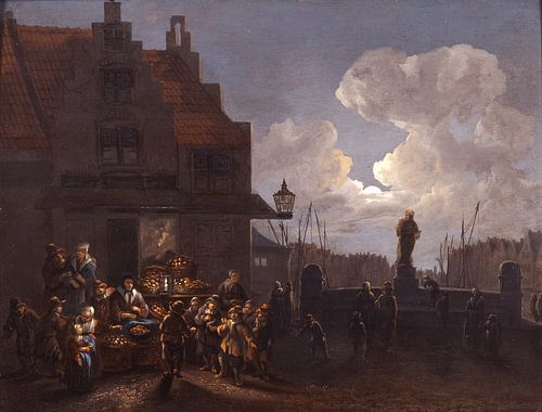 Cityscape of Rotterdam, fruit market by candlelight and moonlight, with statue of Erasmus, Cornelis Snellinck