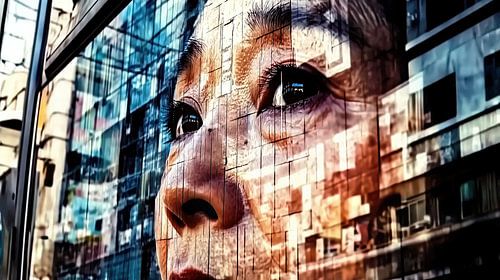 Melancholische Japanse vrouw versmelt met stedelijk landschap