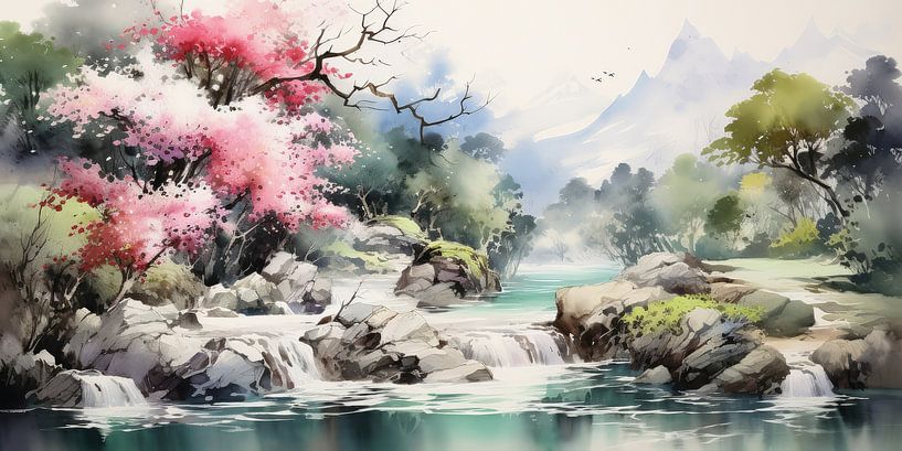 Very beautiful scenery with water and mountains by Art Bizarre