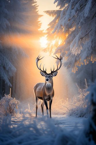 Hirsche im Wald bei Sonnenaufgang