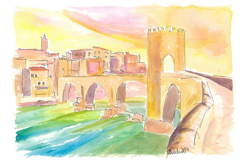 Oude Pont de Besalú in Spanje bij zonsondergang van Markus Bleichner