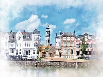 Aquarelschilderij van de Loskade in Middelburg, Zeeland. van Danny de Klerk