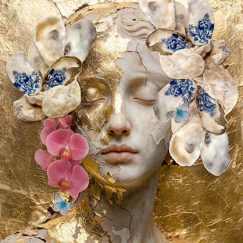 Elegante Emotie – Abstract Bloemenportret met Goud